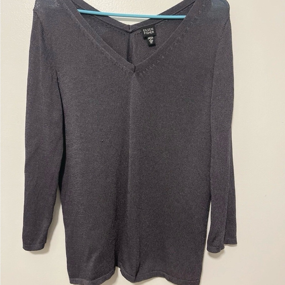 Eileen Fisher XL Gray V Neck Cotton Nylon Blend Knit Sweater Italian Yarn.